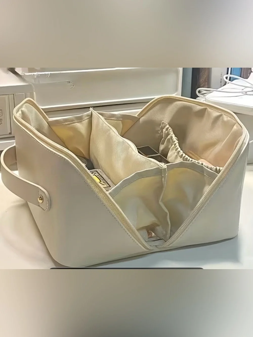Cream Travel Makeup Organizer Bag